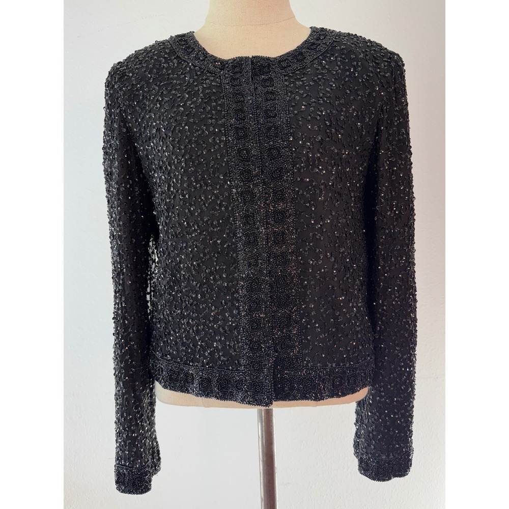 VTG Laurence Kazer Black Sequin Beaded Blazer Jacket Cropped 100% Silk Medium
